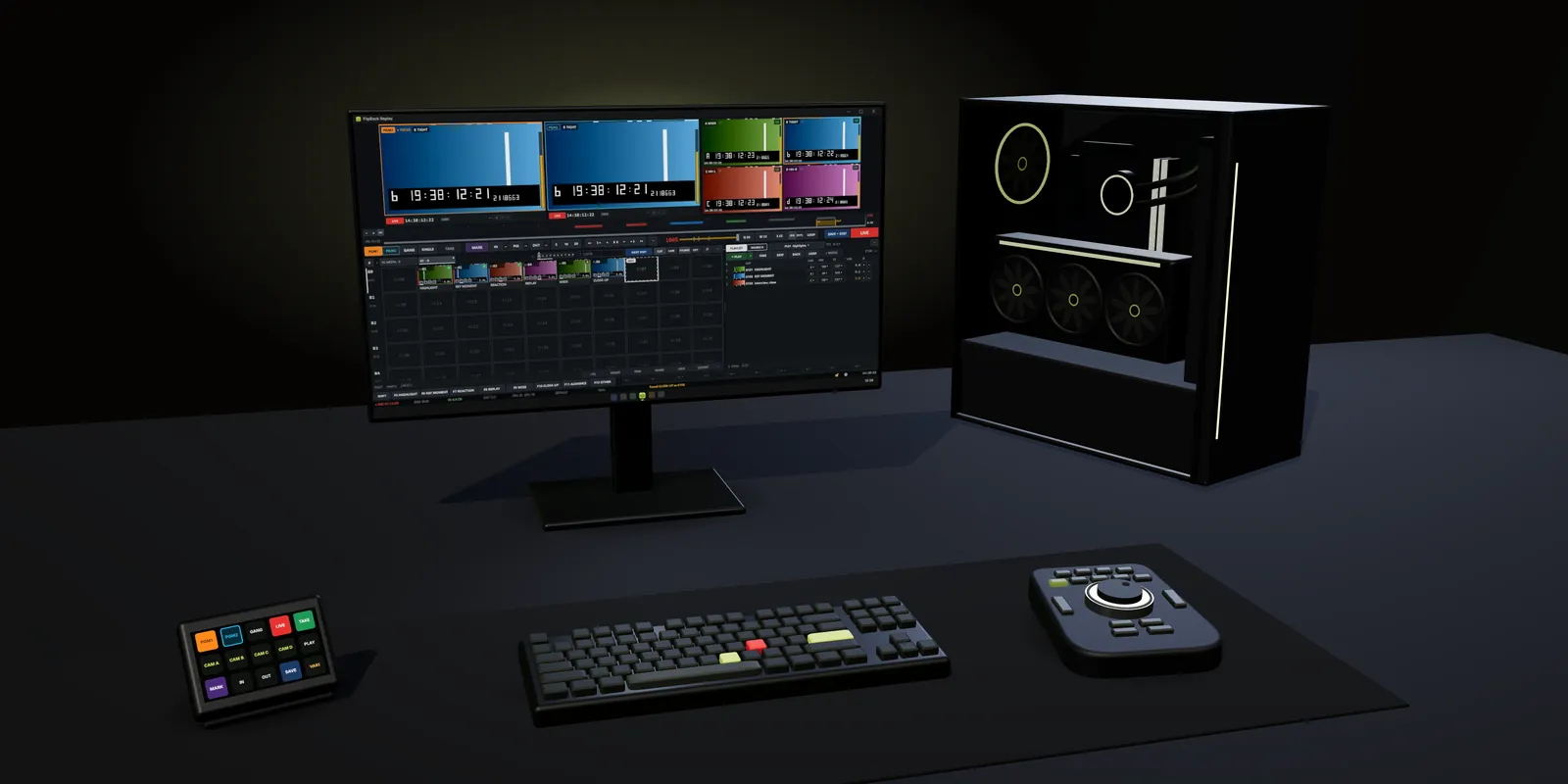 FlipBack Replay on a desk: a 27-inch monitor showing the app, a PC tower with a glass side, a keyboard, a Stream Deck and a ShuttlePro.