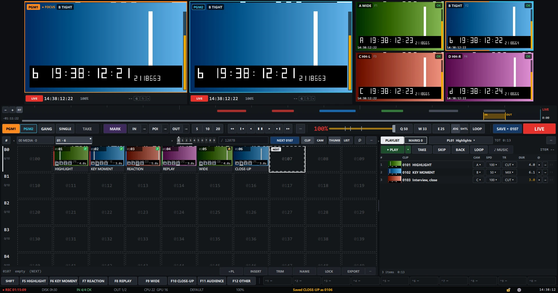 FlipBack Replay main screen: PGM1 and PGM2 monitors, four camera monitors, the transport bar, the clip bank and a playlist.